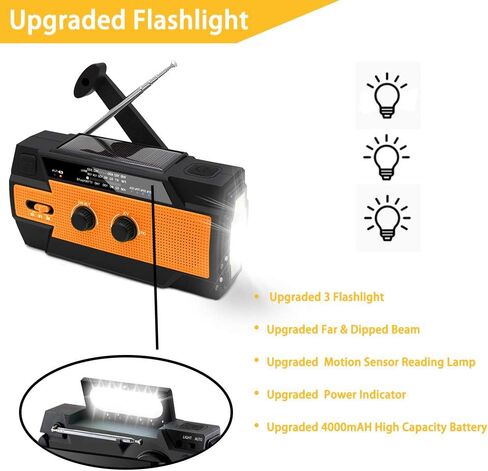 【Upgraded】 Emergency Weather Radio, Hand Crank, 4000mAH, Portable, Solar Charging, with AM/FM/NOAA, 3 LED Flashlights, Motion Sensor, Reading Lamp, SOS Alarm, Rechargeable (Orange) in Saudi Arabia