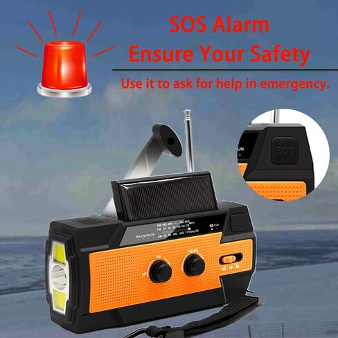 【Upgraded】 Emergency Weather Radio, Hand Crank, 4000mAH, Portable, Solar Charging, with AM/FM/NOAA, 3 LED Flashlights, Motion Sensor, Reading Lamp, SOS Alarm, Rechargeable (Orange) in Saudi Arabia