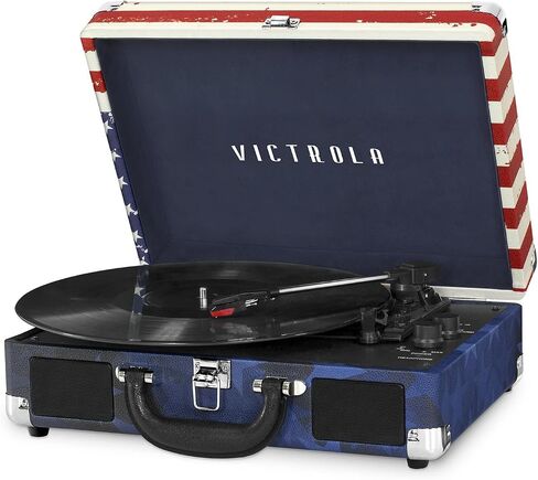 Victrola Vintage 3-Speed Bluetooth Portable Suitcase Record Player with Built-in Speakers | Upgraded Turntable Audio Sound| Includes Extra Stylus | Light Mint Green Linen in Saudi Arabia
