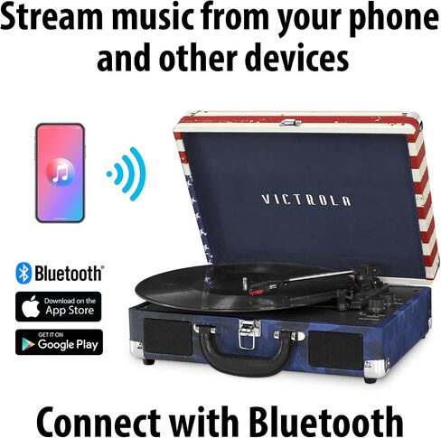 Victrola Vintage 3-Speed Bluetooth Portable Suitcase Record Player with Built-in Speakers | Upgraded Turntable Audio Sound| Includes Extra Stylus | Light Mint Green Linen in Saudi Arabia