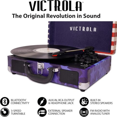 Victrola Vintage 3-Speed Bluetooth Portable Suitcase Record Player with Built-in Speakers | Upgraded Turntable Audio Sound| Includes Extra Stylus | Light Mint Green Linen in Saudi Arabia
