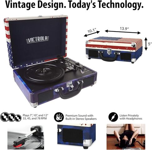 Victrola Vintage 3-Speed Bluetooth Portable Suitcase Record Player with Built-in Speakers | Upgraded Turntable Audio Sound| Includes Extra Stylus | Light Mint Green Linen in Saudi Arabia