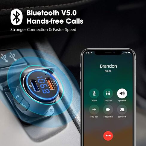 فيرفاين سيارة ارسال اف ام بلوتوث V5.0، محول سيارة بلوتوث للسيارة، راديو بلوتوث، مشغل MP3 كيو سي 3.0 شحن سريع، مكالمات بدون استخدام اليدين، وضعين للعب، شاشة LED زرقاء، اسود، M (BH347) in Saudi Arabia