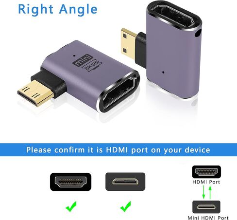 GINTOOYUN 8K Mini HDMI to HDMI Extender Adapter 2.1 Version Mini HDMI Male to Right Angle 90 degreeHDMI Female Extension Adapter for Camera,Laptop,Tablet,HDTV,Projector 2 PCS(Angle Right) in Saudi Arabia