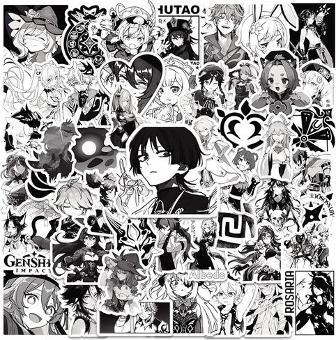 50 قطعة من ملصقات جينشن امباكت جي ام اي باللونين الاسود والابيض، لعبة كاواي جينشين امباكت مقاومة للماء للابتوب وزجاجة المياه والجوال ولوح التزلج والدراجة والجيتار والامتعة للفتيات المراهقات (جينشين in Kuwait