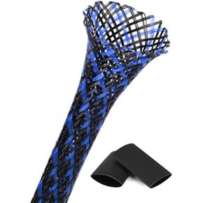 Braided - Cable Sleeves - PET Expandable Wire Loom 1/8"-25ft, Braided Wire Hider Mesh, Cord Management Organizer for USB Power Video Cable, Flexible Wrap Cover w/Heat Shrinkable Tubes, Black&Blue in Kuwait