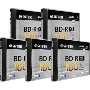 5 Pack Ritek BD-R XL BDXL 100GB Archival Grade Triple Layers 4X White Inkjet Hub Printable Blank Disc w/Standard Jewel Case