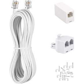 Phone Cord 15FT, Landline Telephone Cable with RJ11 Plug, Includes Telephone Inline Coupler RJ11 Splitter and 10pcs Cable Clips(White)