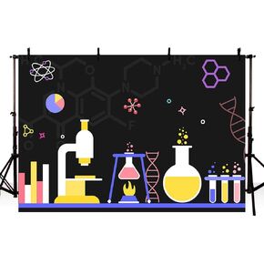 MEHOFOND 8x6ft Science Party Decorations Photo Studio Background Birthday Party Decor Banner Supplies Mad Science Fun Scientist Subject Black Backdrop School Poster for Photography