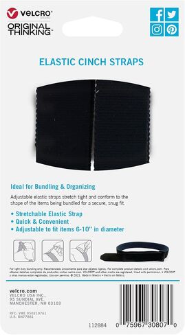 VELCRO Brand Elastic Cinch Straps with Buckle, 8in x 1in, Black, 2 Pack | Adjustable And Stretchable For A Snug Fit; Fastens Power Cords, Organizes Cables, Bundle Unruly Wires in Kuwait