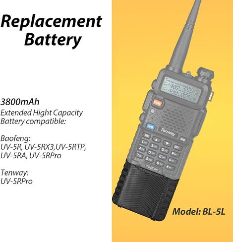 Tenway 2 قطعة UV-5R BF-8HP بطارية ممتدة BL-5L 3800 مللي أمبير مع كابل شحن USB وشواحن متوافقة مع سلسلة BAOFENG UV-5R in Kuwait