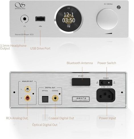 مشغل اقراص سي دي ستيريو EC3 من شانلينج، منفذ محرك USB، محول رقمي تناظري ES9219C، دقة فائقة 384 كيلو هرتز/32 بت، DSD256، يدعم المحور، مخرج الالياف البصرية، التحكم في التطبيق (اسود) in Kuwait