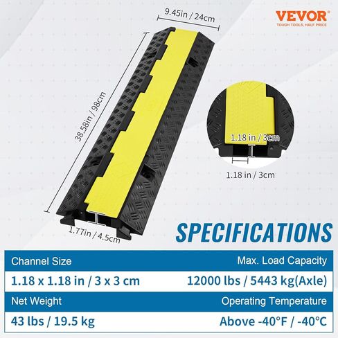 VEVOR 3.28 ft Cable Protector Ramp, 4 Pack of 1 Channel, 18000 lbs/axle Capacity Heavy Duty Rubber Speed Bumps, Floor Cord Cable Protector Wire Cover, for Residential Areas, Private Garages, Gardens in Kuwait
