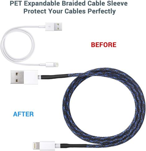 Braided - Cable Sleeves - PET Expandable Wire Loom 1/8"-25ft, Braided Wire Hider Mesh, Cord Management Organizer for USB Power Video Cable, Flexible Wrap Cover w/Heat Shrinkable Tubes, Black&Blue in Kuwait