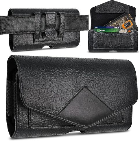 Dual Phone Leather Case with Loop - Secure Horizontal Phone Belt Holder and RFID Blocking Wallet - Sleek Black - Compatible with iPhone 14/13/12/11/14Pro/13Pro/12Pro, Samsung, Motorola in Kuwait