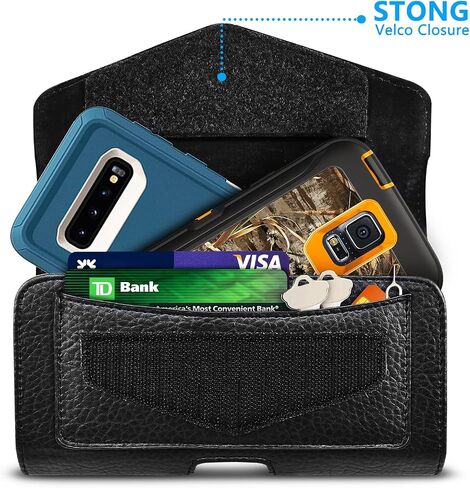 Dual Phone Leather Case with Loop - Secure Horizontal Phone Belt Holder and RFID Blocking Wallet - Sleek Black - Compatible with iPhone 14/13/12/11/14Pro/13Pro/12Pro, Samsung, Motorola in Kuwait