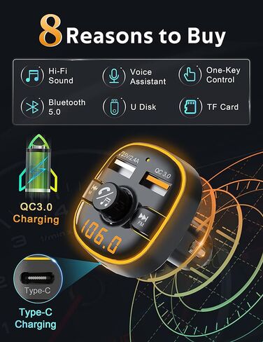 ارسفيتا جهاز ارسال اف ام بلوتوث للسيارة، مستقبل راديو/محول صوت مع شاحن بي دي نوع سي، يدعم الشحن السريع كيو سي 3.0، مكالمات بدون استخدام اليدين وتشغيل صوت هاي فاي، اسود in Kuwait