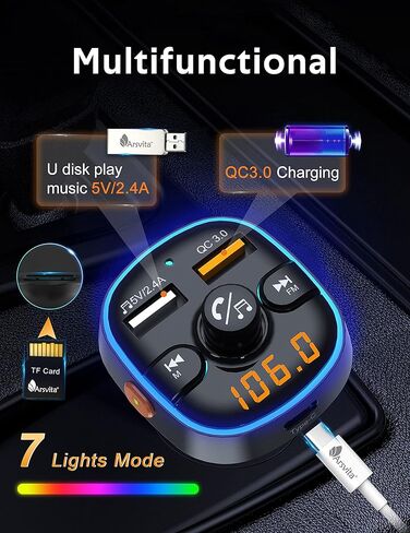 ارسفيتا جهاز ارسال اف ام بلوتوث للسيارة، مستقبل راديو/محول صوت مع شاحن بي دي نوع سي، يدعم الشحن السريع كيو سي 3.0، مكالمات بدون استخدام اليدين وتشغيل صوت هاي فاي، اسود in Kuwait