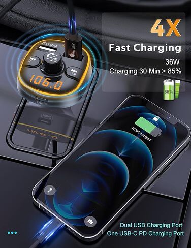 ارسفيتا جهاز ارسال اف ام بلوتوث للسيارة، مستقبل راديو/محول صوت مع شاحن بي دي نوع سي، يدعم الشحن السريع كيو سي 3.0، مكالمات بدون استخدام اليدين وتشغيل صوت هاي فاي، اسود in Kuwait