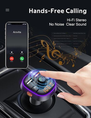 ارسفيتا جهاز ارسال اف ام بلوتوث للسيارة، مستقبل راديو/محول صوت مع شاحن بي دي نوع سي، يدعم الشحن السريع كيو سي 3.0، مكالمات بدون استخدام اليدين وتشغيل صوت هاي فاي، اسود in Kuwait