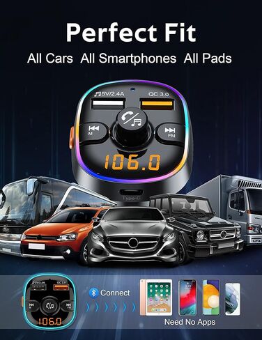 ارسفيتا جهاز ارسال اف ام بلوتوث للسيارة، مستقبل راديو/محول صوت مع شاحن بي دي نوع سي، يدعم الشحن السريع كيو سي 3.0، مكالمات بدون استخدام اليدين وتشغيل صوت هاي فاي، اسود in Kuwait