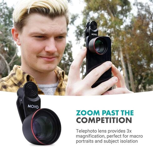 عدسة Movo SPL-Tele 3X Telephoto مع حامل مشبك للهواتف الذكية - عدسة تكبير لأجهزة iPhone وAndroid والأجهزة اللوحية - عدسة تلسكوبية للهواتف الذكية للفيديو والتصوير الفوتوغرافي - أفضل عدسة Telephoto لهاتف iPhone in Saudi Arabia
