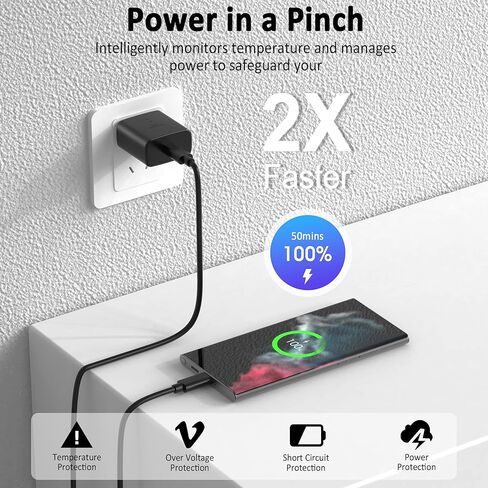 [2 كابل] شاحن سامسونج USB-C فائق السرعة 45 وات من النوع C شاحن هاتف أندرويد جداري لهاتف سامسونج جالاكسي s23 شحن سريع للغاية S23/S22/S22 Ultra/Z Fold 5، Z Flip 5/Note 10/20/Galaxy Tab S8+/S7+ كابل 6 قدم in Kuwait
