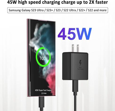 [2 كابل] شاحن سامسونج USB-C فائق السرعة 45 وات من النوع C شاحن هاتف أندرويد جداري لهاتف سامسونج جالاكسي s23 شحن سريع للغاية S23/S22/S22 Ultra/Z Fold 5، Z Flip 5/Note 10/20/Galaxy Tab S8+/S7+ كابل 6 قدم in Kuwait