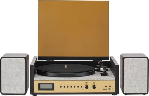 Crosley CR7017B-BK Coda 3-Speed Bluetooth Turntable and FM Radio Shelf System with Matching Stereo Speakers, Black in Kuwait