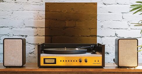 Crosley CR7017B-BK Coda 3-Speed Bluetooth Turntable and FM Radio Shelf System with Matching Stereo Speakers, Black in Kuwait