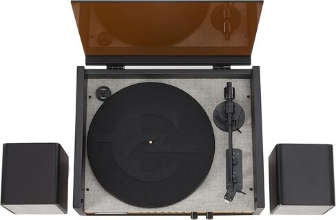 Crosley CR7017B-BK Coda 3-Speed Bluetooth Turntable and FM Radio Shelf System with Matching Stereo Speakers, Black in Kuwait