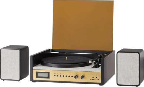 Crosley CR7017B-BK Coda 3-Speed Bluetooth Turntable and FM Radio Shelf System with Matching Stereo Speakers, Black in Kuwait