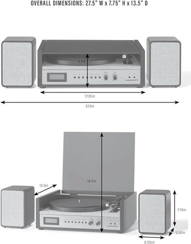 Crosley CR7017B-BK Coda 3-Speed Bluetooth Turntable and FM Radio Shelf System with Matching Stereo Speakers, Black in Kuwait