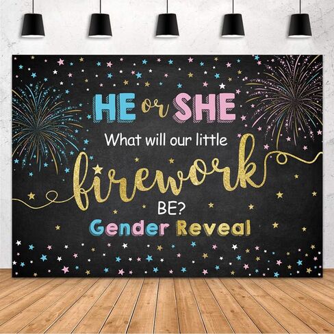 MEHOFOND Firework Gender Reveal Party Backdrop He Or She What Will Our Little Firework Be Star Photography Background Boy Or Girl Black Gold Banner Decoration Baby Shower Photo Studio Props 10x7ft in Saudi Arabia
