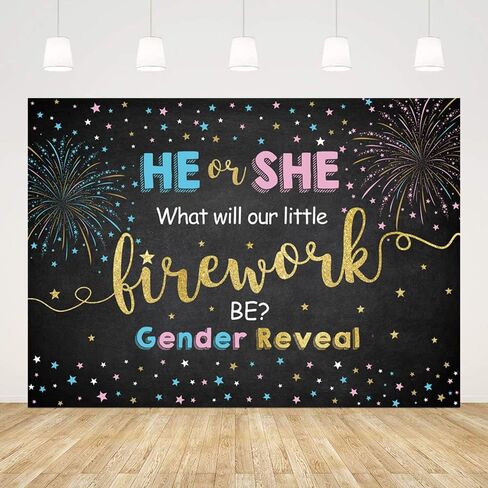 MEHOFOND Firework Gender Reveal Party Backdrop He Or She What Will Our Little Firework Be Star Photography Background Boy Or Girl Black Gold Banner Decoration Baby Shower Photo Studio Props 10x7ft in Saudi Arabia