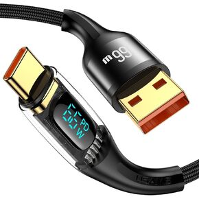 كابل 4FT PD 66W USB A إلى USB C، كابل USB C للشحن السريع 6A مع شاشة LED سلك شاحن مجدول من النايلون نوع C كابل شفاف لهاتف Samsung S21 S20 iPad Pro Google Pixel LG (أسود) in Kuwait