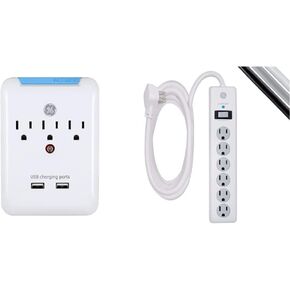 موسع GE Pro 3-Outlet & GE 6-Outlet Surge Protector، سلك تمديد 10 قدم، شريط طاقة، 800 جول، قابس مسطح، أغطية أمان ملتوية للإغلاق، مدرج في قائمة UL، أبيض، 14092 in Kuwait