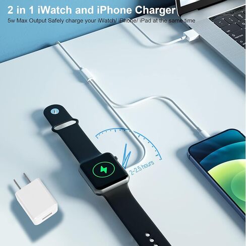 [معتمد من Apple MFi] شاحن 2 في 1 للآيفون والساعة بطول 6.6 قدم كابل شحن مغناطيسي iWatch مع شاحن حائط USB ومقبس سفر لسلسلة ساعات Apple 8/7/6/SE/5/4/3/2/1 وiPhone 13/12 /11/برو/ماكس/XR/X in Kuwait