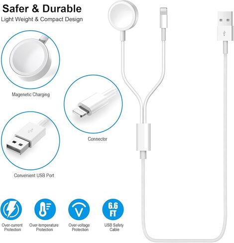 [معتمد من Apple MFi] شاحن 2 في 1 للآيفون والساعة بطول 6.6 قدم كابل شحن مغناطيسي iWatch مع شاحن حائط USB ومقبس سفر لسلسلة ساعات Apple 8/7/6/SE/5/4/3/2/1 وiPhone 13/12 /11/برو/ماكس/XR/X in Kuwait