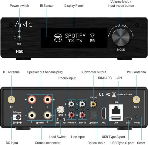 مضخم صوت Arylic H50 Hi-Fi Multiroom WiFi مع بلوتوث aptX HD وHDMI ARC وAirplay 2 وSpotify للموسيقى المنزلية اللاسلكية. يدعم نقل الموسيقى واستقبالها 192 كيلو هرتز/24 بت. مضخم صوت 50 وات*2 in Kuwait