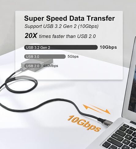 USB A to USB C Cable 6.6ft, 10Gbps Data Transfer 60W 3A Fast Charging Cable in Kuwait