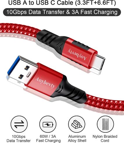 USB A to USB C Cable 6.6ft, 10Gbps Data Transfer 60W 3A Fast Charging Cable in Kuwait