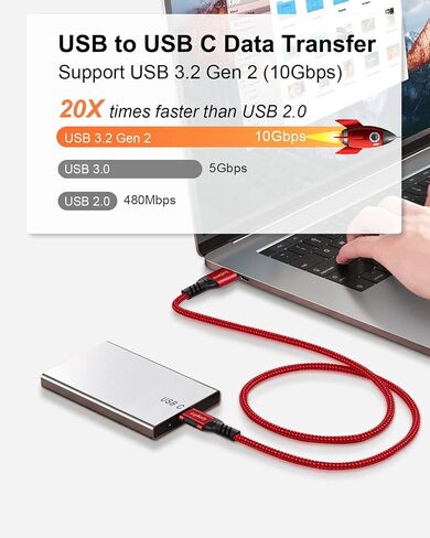 USB A to USB C Cable 6.6ft, 10Gbps Data Transfer 60W 3A Fast Charging Cable in Kuwait