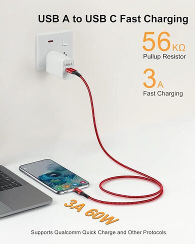 USB A to USB C Cable 6.6ft, 10Gbps Data Transfer 60W 3A Fast Charging Cable in Kuwait