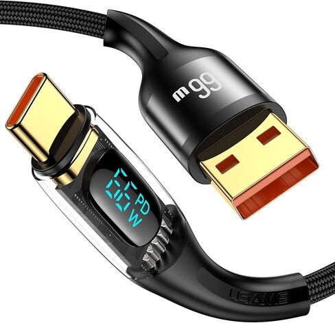 كابل 4FT PD 66W USB A إلى USB C، كابل USB C للشحن السريع 6A مع شاشة LED سلك شاحن مجدول من النايلون نوع C كابل شفاف لهاتف Samsung S21 S20 iPad Pro Google Pixel LG (أسود) in Kuwait