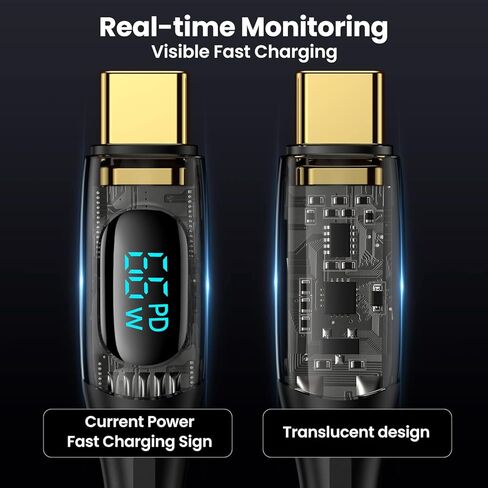كابل 4FT PD 66W USB A إلى USB C، كابل USB C للشحن السريع 6A مع شاشة LED سلك شاحن مجدول من النايلون نوع C كابل شفاف لهاتف Samsung S21 S20 iPad Pro Google Pixel LG (أسود) in Kuwait