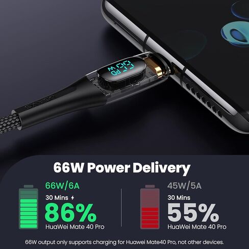 كابل 4FT PD 66W USB A إلى USB C، كابل USB C للشحن السريع 6A مع شاشة LED سلك شاحن مجدول من النايلون نوع C كابل شفاف لهاتف Samsung S21 S20 iPad Pro Google Pixel LG (أسود) in Kuwait