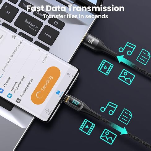 كابل 4FT PD 66W USB A إلى USB C، كابل USB C للشحن السريع 6A مع شاشة LED سلك شاحن مجدول من النايلون نوع C كابل شفاف لهاتف Samsung S21 S20 iPad Pro Google Pixel LG (أسود) in Kuwait