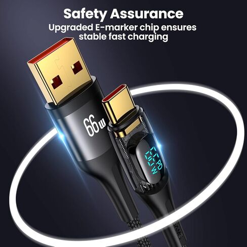كابل 4FT PD 66W USB A إلى USB C، كابل USB C للشحن السريع 6A مع شاشة LED سلك شاحن مجدول من النايلون نوع C كابل شفاف لهاتف Samsung S21 S20 iPad Pro Google Pixel LG (أسود) in Kuwait