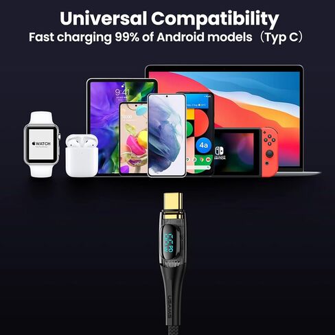 كابل 4FT PD 66W USB A إلى USB C، كابل USB C للشحن السريع 6A مع شاشة LED سلك شاحن مجدول من النايلون نوع C كابل شفاف لهاتف Samsung S21 S20 iPad Pro Google Pixel LG (أسود) in Kuwait
